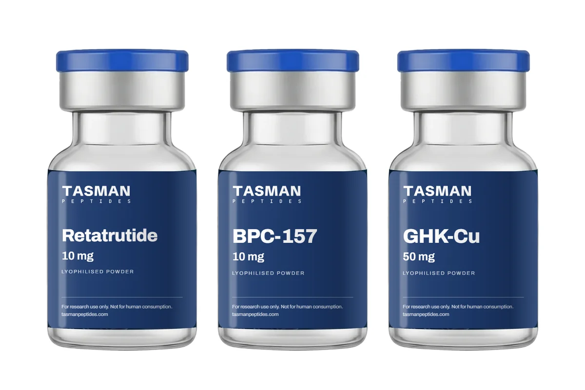 Retatrutide, BPC-157 and GHK-Cu vials